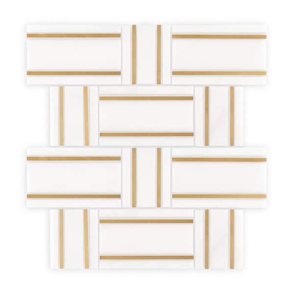 Jeffrey Court Brass Tracks White 12.125 in. x 10.75 in. Linear Honed Marble and Metal Mosaic Wall and Floor Tile (9.05 sq. ft./Case)
