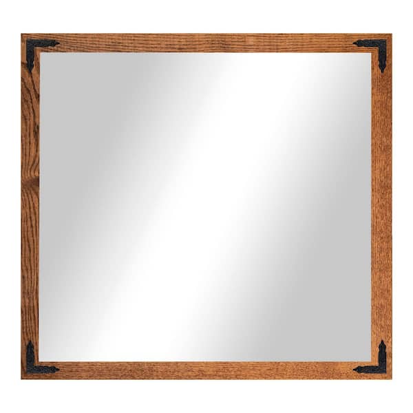 (33 in. W x 46 in. H) Honey Hardwood Rectangle Mirror with Decorative Corner Bracket