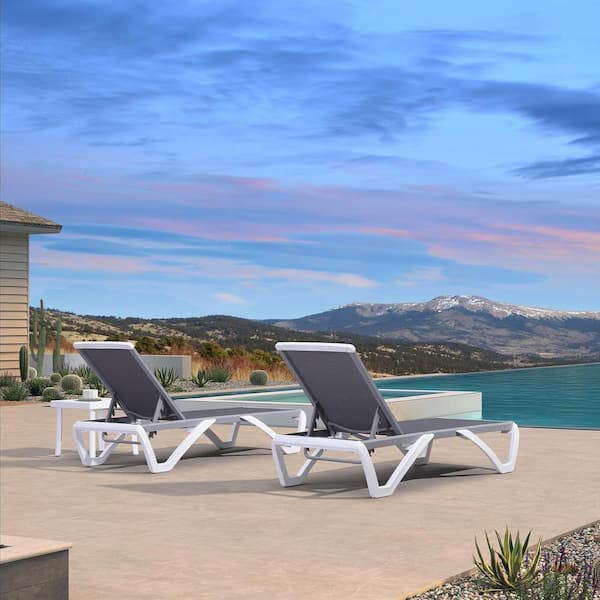 PURPLE LEAF 3-Pieces Patio Chair Set Plastic Outdoor Chaise Lounge Chairs for Outside Beach in-Pool Lawn Poolside, Grey