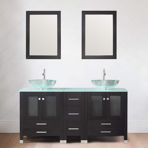 Wonline 60 in. W Double Tempered Glass Sinks Freestanding Black Bath Vanity with Green Tempered Glass Top