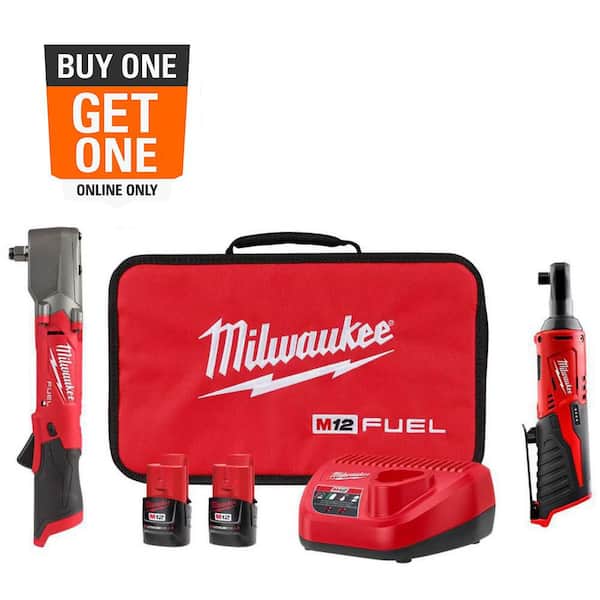 Milwaukee M12 FUEL 12V Lithium-Ion Brushless Cordless 1/2 in Right Angle Impact Wrench Kit w Two 2.0 Ah Batteries & 3/8 in Ratchet