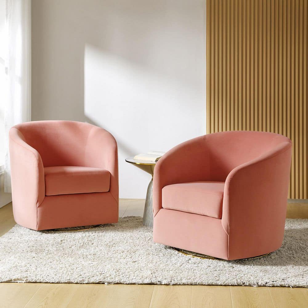 Estefan Pink Comfy Velvet Swivel Chair with Metal Base (Set of 2)