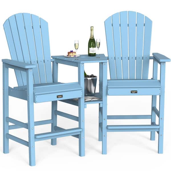Blue HDPE Plastic Tall Adirondack Chairs Set of 2, Balcony Chair with Connecting Tray All-Weather Outdoor Bar Stools