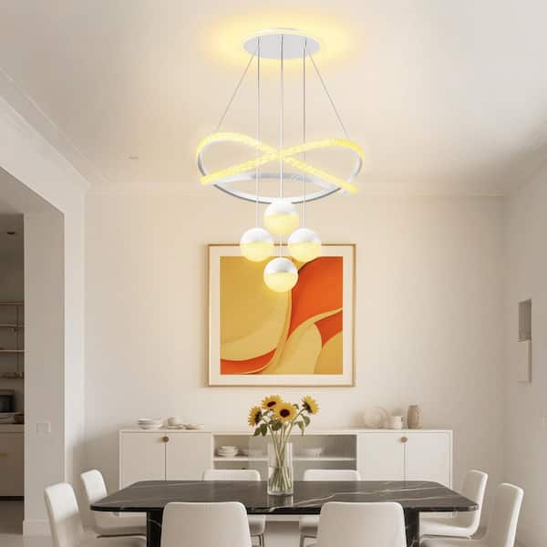 16 in. White Geometric LED Chandelier Adjustable Height Dimmable 3-Color Pendant Light with Acrylic Shades