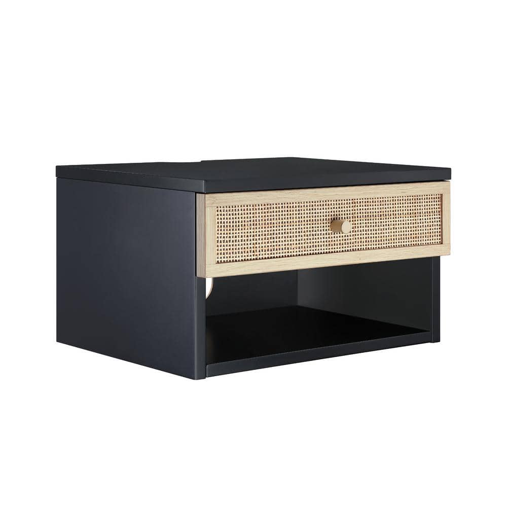 Black and Rattan Floating Nightstand with Storage Drawer and Cubby