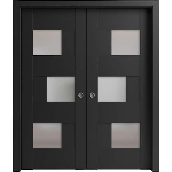 72 in. x 96 in. 2 Panel Black Matte Finished MDF Sliding Door with Hardware