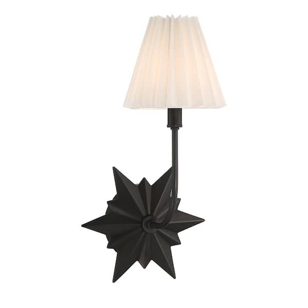 Savoy House Crestwood 1-Light Black Tourmaline Wall Sconce with White Pleated Linen Fabric Shade