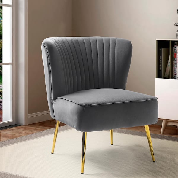 JAYDEN CREATION Monica Modern Grey Velvet Comfy Living Room Side Chair with Golden Metal Legs