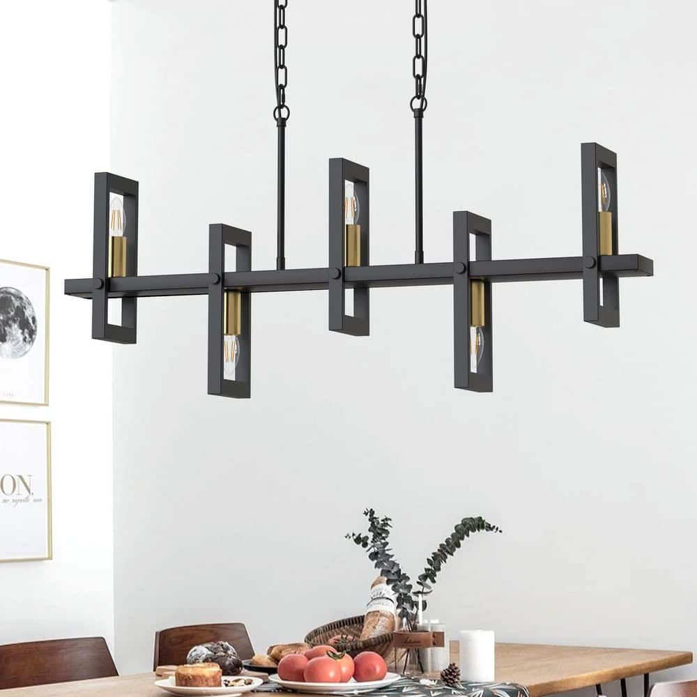 YANSUN 5-Light Black Linear Island Pendant Hanging Light Modern Farmhouse Chandelier Light for Kitchen Dining Room Restaurant