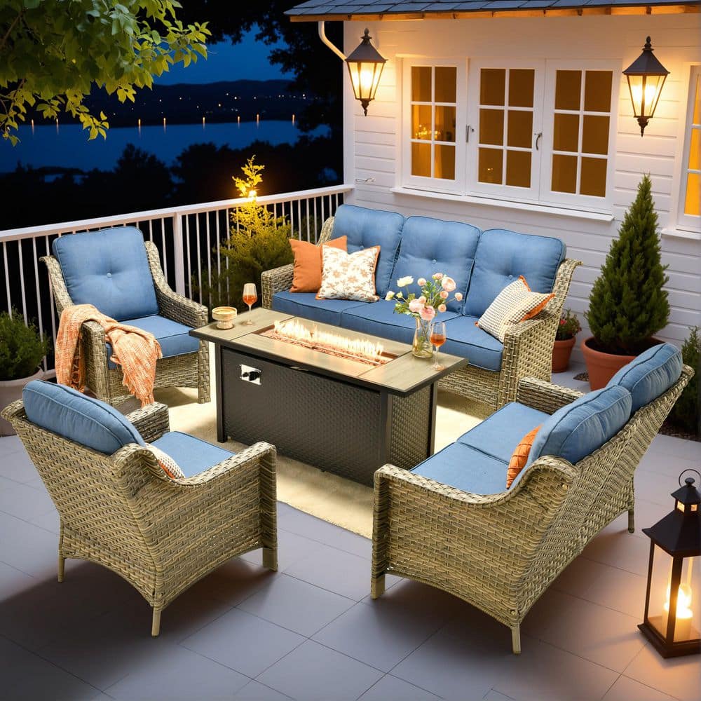 Cherry 5-Piece Wicker Outdoor Fire Pit Furniture Patio Conversation Sofa Set with a Loveseat and Sky Blue Cushions price history on PriceWatchPro
