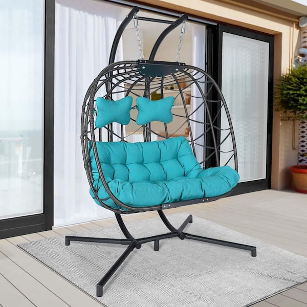FINCATI Extra Large Gray Wicker Double Seat Patio Swing Hanging Egg Chair With Black Stand and Turquoise Cushions