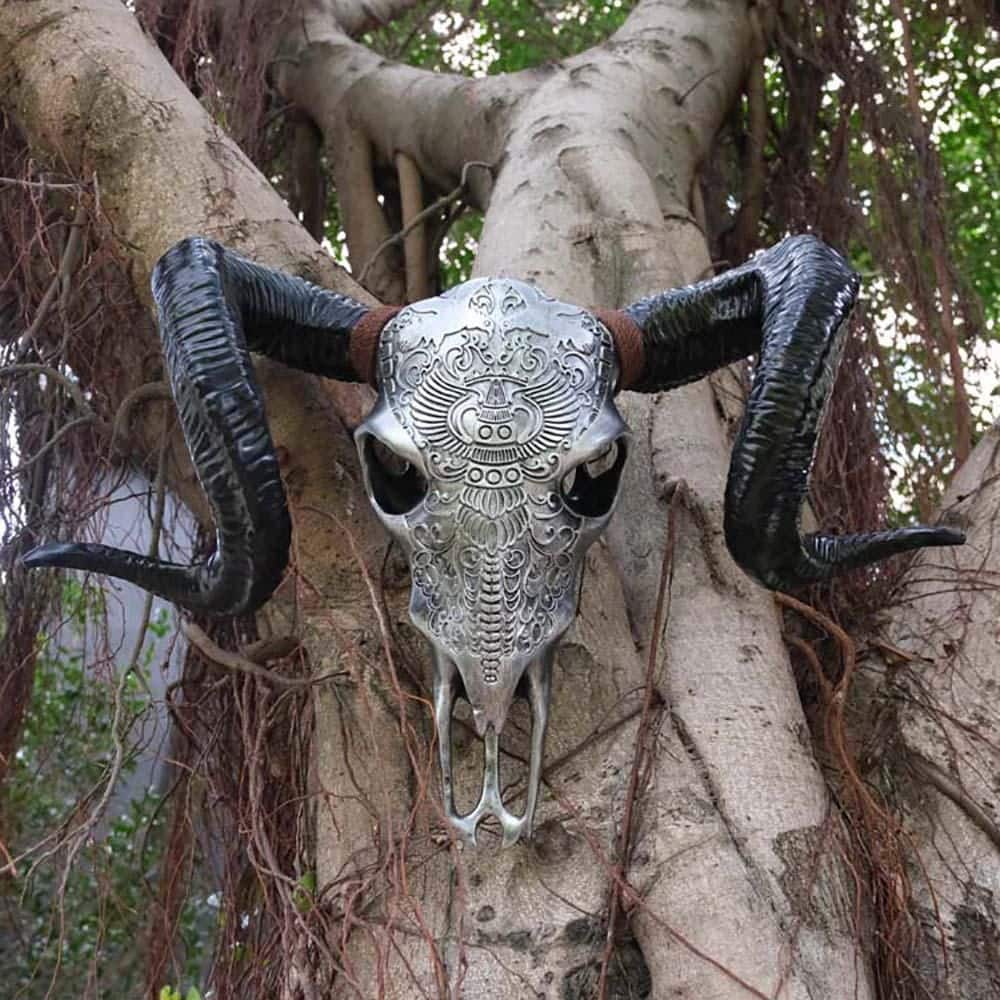 22.44 in. x 15.59 in. Silver Resin Bull Head Skull Wall Hanging
