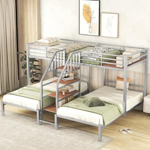 Silver Metal Triple Bunk Bed Frame for 3,Twin over Twin&Twin Size Bunk Bed with Storage Shelves Staircase for Kids/Teens