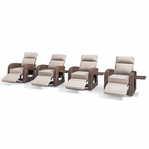 4-Piece PE Rattan Wicker Swivel Outdoor Recliner Lounge Chair Adjustable Backrest with Beige Cushions