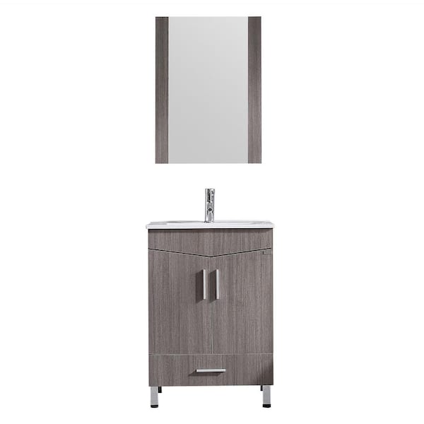 Wonline Wonline 24 in. W x 18.1 in. D x 33.5 in. H Single Sink Bath Vanity in Brown with White Ceramic Top and Mirror