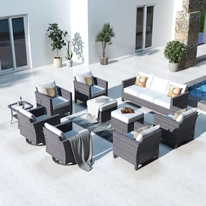 Megon Holly Gray 10-Piece Wicker Patio Conversation Seating Sofa Set with Gray Cushions and Swivel Rocking Chairs