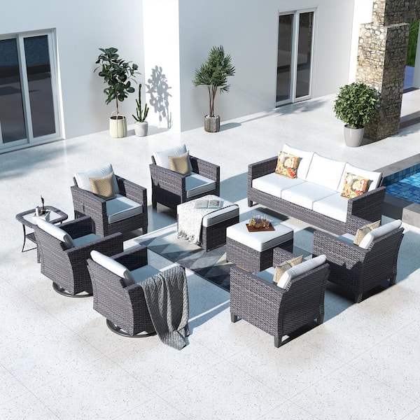 XIZZI Megon Holly Gray 10-Piece Wicker Patio Conversation Seating Sofa Set with Gray Cushions and Swivel Rocking Chairs