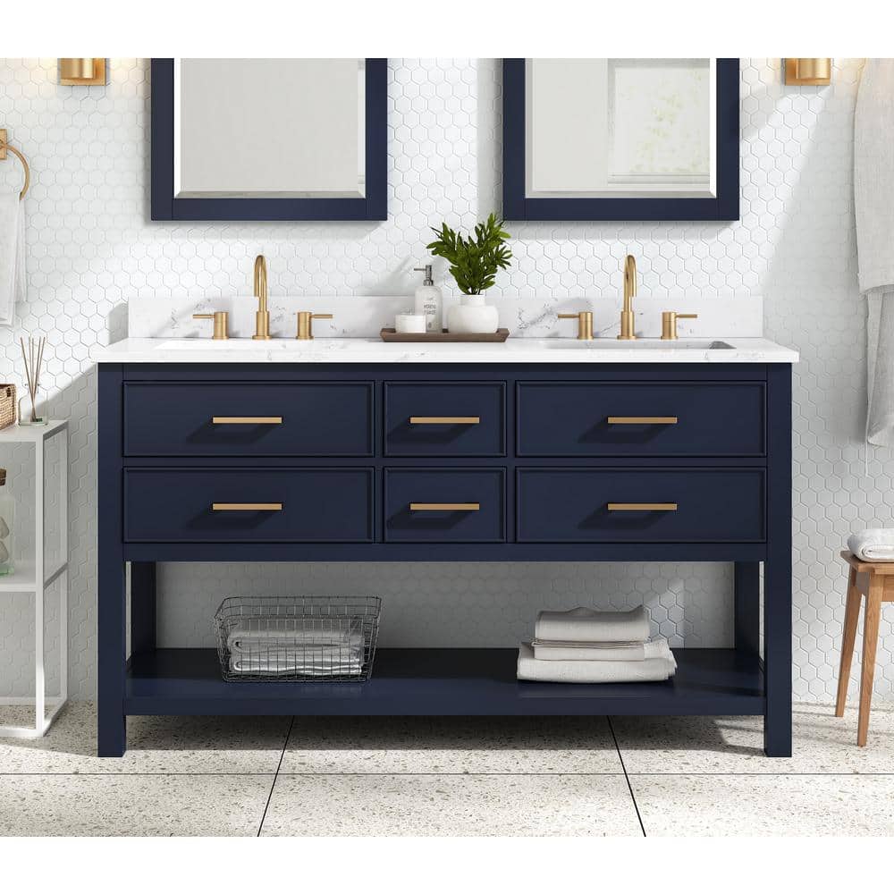 Brooks 61 in. Double Sink Navy Blue Bath Vanity with Cala White Engineered Stone Top price history on PriceWatchPro