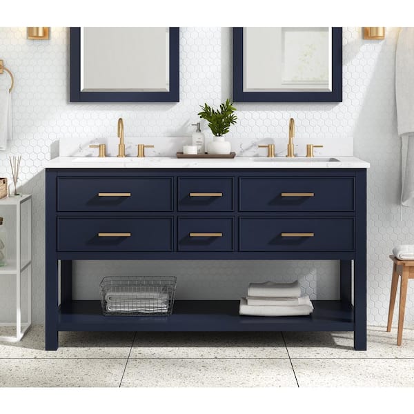 Avanity Brooks 61 in. Double Sink Navy Blue Bath Vanity with Cala White Engineered Stone Top