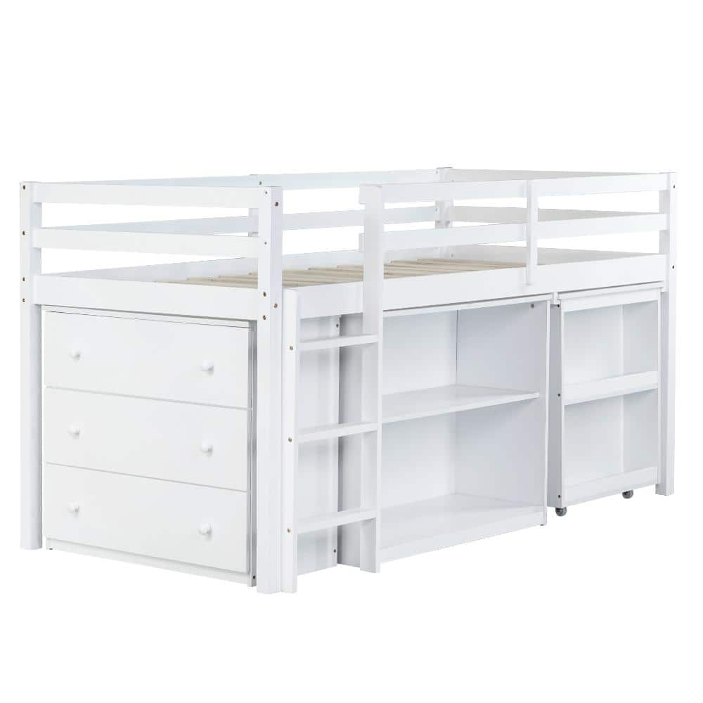 White Twin Wood Loft Bed with Safety Guardrail,Shelf Cabinet and Pulling-Out Desk price history on PriceWatchPro