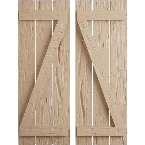Ekena Millwork 17.5 in. x 34 in. Timberthane Polyurethane 3-Board Spaced Board-n-Batten Hand Hewn Faux Wood Shutters w/Z-Board Pair
