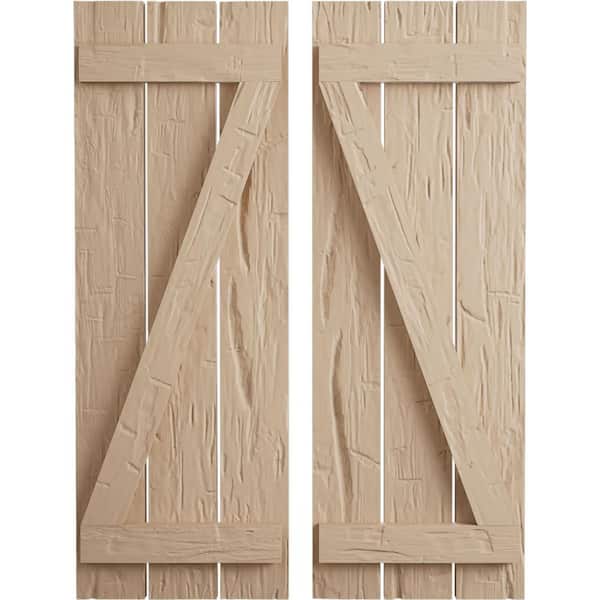 Ekena Millwork 17.5 in. x 76 in. Timberthane Polyurethane 3-Board Spaced Board-n-Batten Hand Hewn Faux Wood Shutters w/Z-Board Pair