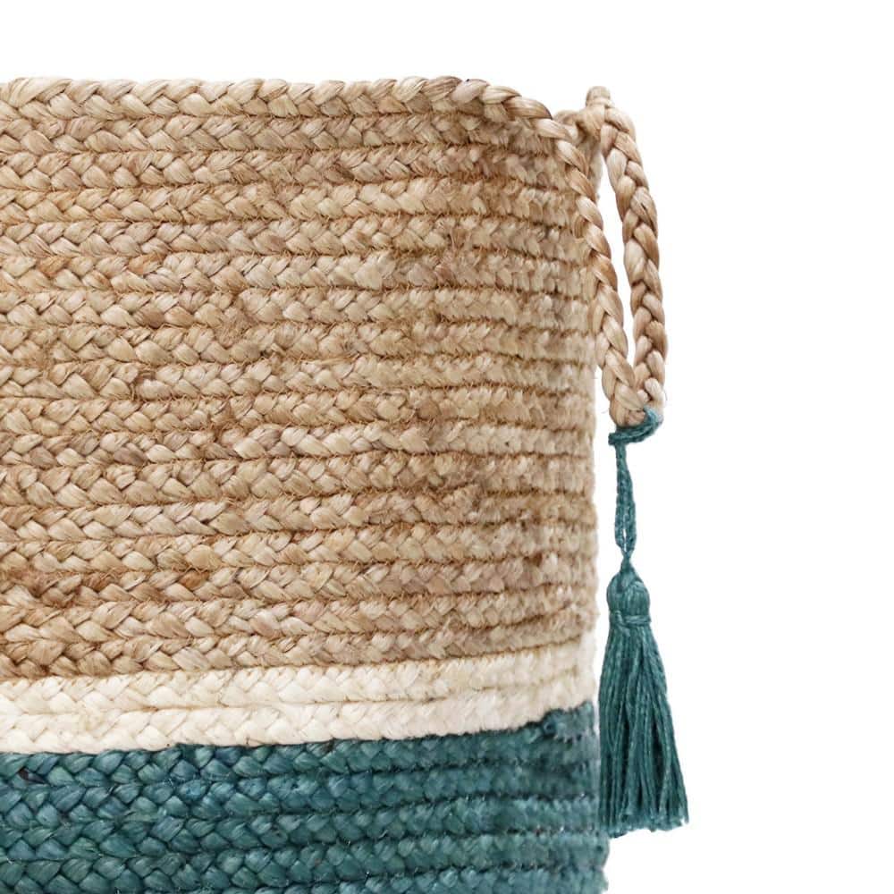 Handmade Round Jute Teal and Natural Storage Basket
