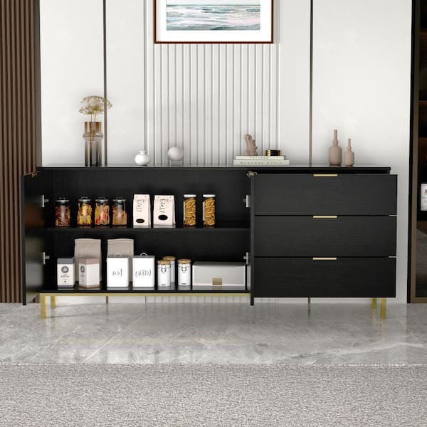 62.9 in. W Black Paint Sideboard Kitchen Buffet Cupboard with Drawers and Shelves, Metal Legs