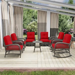 7-Piece Wicker Outdoor Patio Conversation Lounge Chair Set with Red Cushions and Side Table