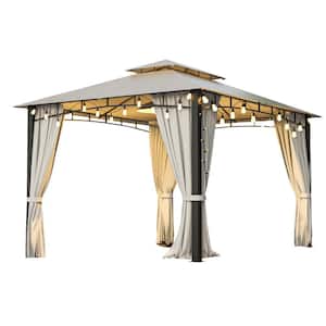 10 ft. x 10 ft. Outdoor Garden Beige Double Layer Soft Top Metal Gazebo with Mosquito Screen, Solar Lights and Curtains