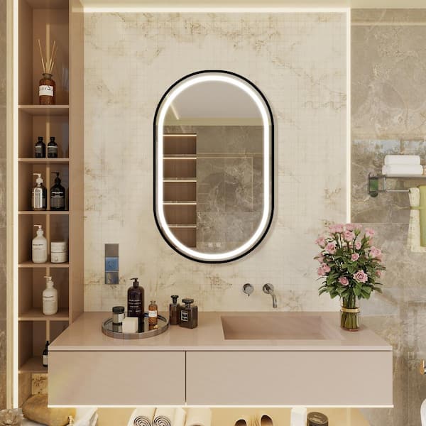 WELLFOR 20 in. W x 32 in. H Oval Aluminum Alloy Framed LED Dimmable Wall Bathroom Vanity Mirror in Black