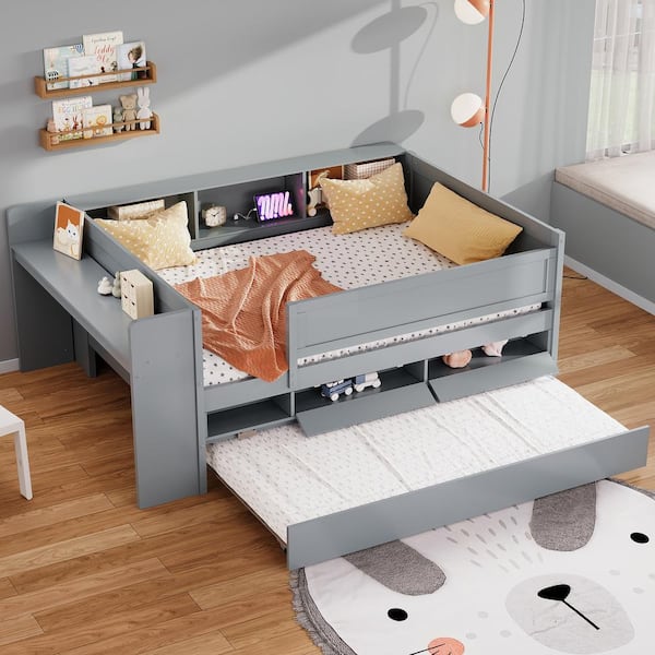 Harper & Bright Designs Gray Wood Frame Multi-Functional Twin Daybed with Drawers, Trundle, Desk, Storage Headboard, USB Charging Station