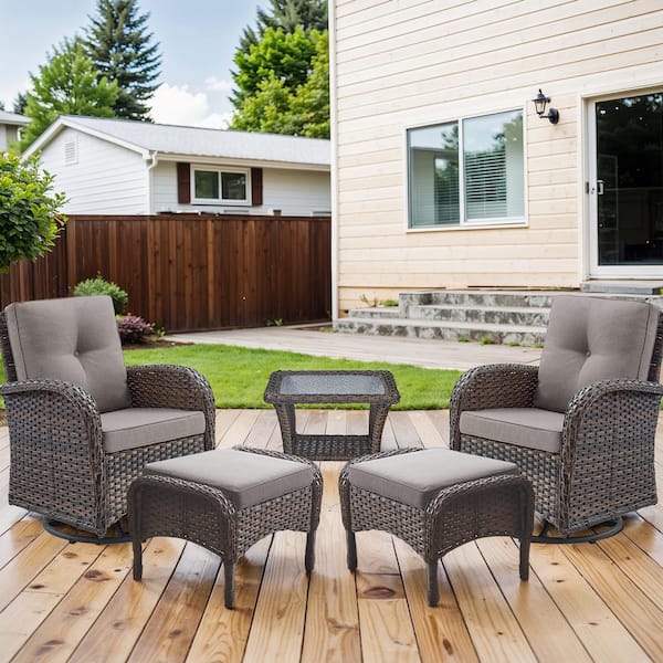 Gymojoy Carlos Brown 5-Piece Wicker Patio Conversation Set with CushionGuard Gray Cushions