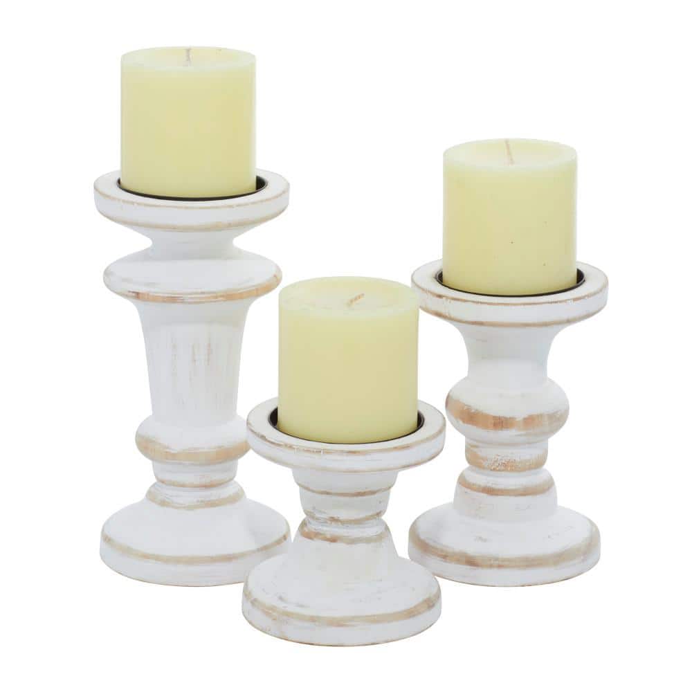 Litton Lane White Wood Candle Holder (Set of 3) 91853 - The Home Depot