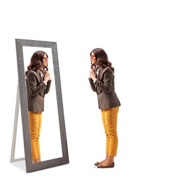HOMESTOCK Gray Full Body Mirror with Stand Wooden Framed Floor Length Mirror Stand Up Full Length Mirror with Stand Mirror