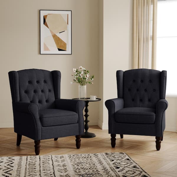 Uixe Black Blue Linen Button Tufted Design Accent Arm Chair (Set of 2)