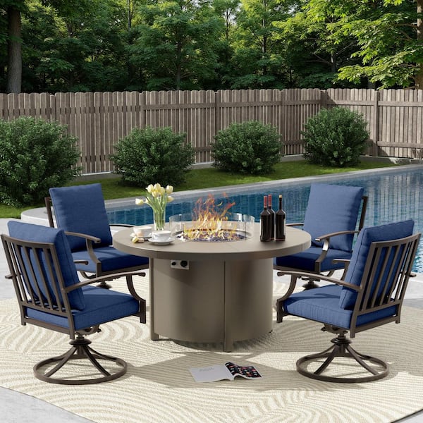 5-Piece Metal Patio Conversation Set with 4,000 BTU Round Fire Pit Table, 4-Swivel Chairs, Navy Blue Cushions