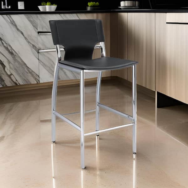 Benjara 29 in. Gray and Chrome Low Back Metal Frame Bar Stool with Faux Leather Seat