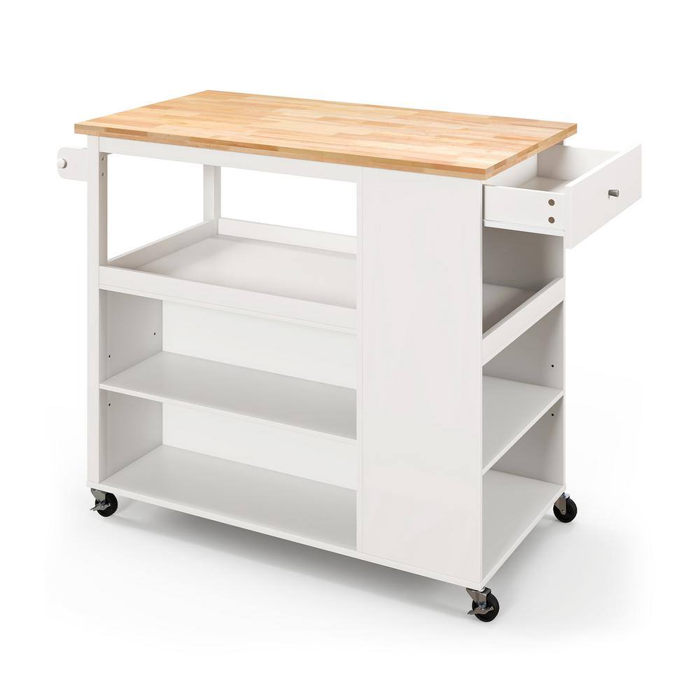 Rolling White Wood Top 43 in. W Kitchen Island Cart on Wheels with Storage 