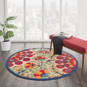 Aloha Red/Multi 4 ft. x 4 ft. Round Floral Contemporary Indoor/Outdoor Patio Area Rug