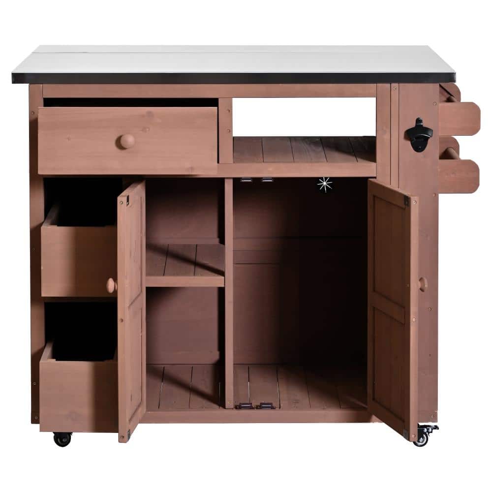 Brown Wood Kitchen Island, Outdoor Stainless Steel Top Grill Table with Drawers, Storage Cabinet price history on PriceWatchPro