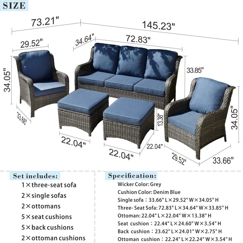 Denim Blue 5-Piece Iron Frame Patio Sofa Set
