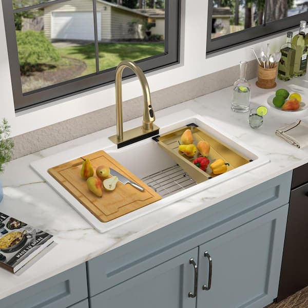 33 in. Drop-In Topmount Sink Single Bowl White Granite/Quartz Composite Workstation Kitchen Sink with Pull Down Facuet