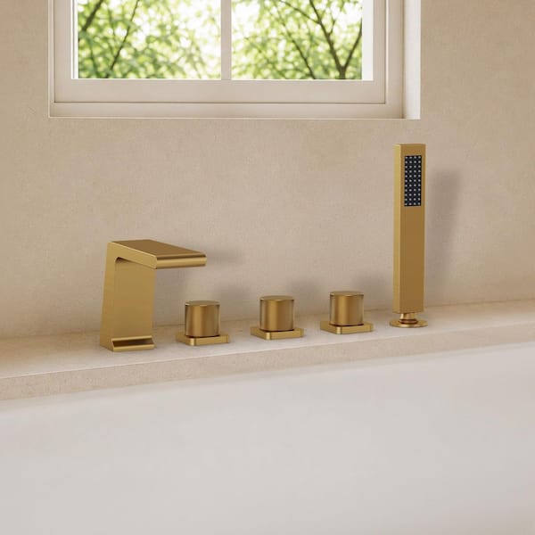 3-Handle Minimalist Roman Tub Faucet with Hand Shower in Brushed Gold