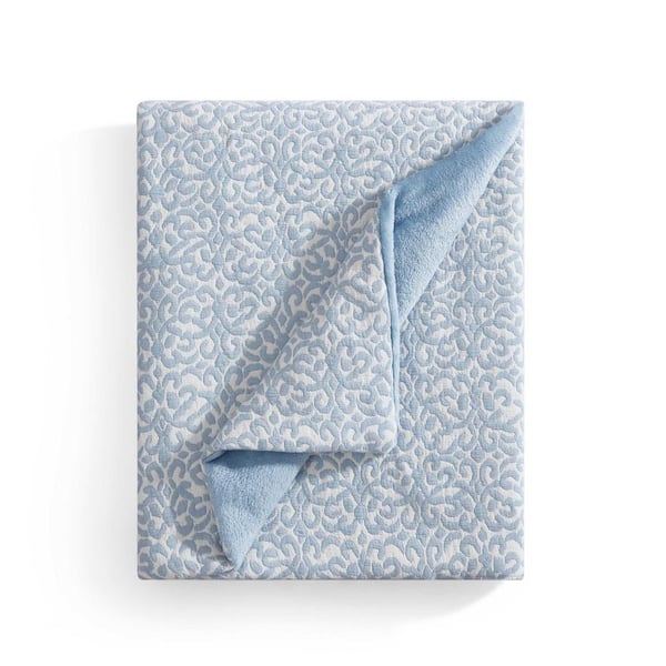Mirage Medallion Reversible 1-Piece White/Blue Canal Cotton Muslin 50 x 60 Throw Blanket