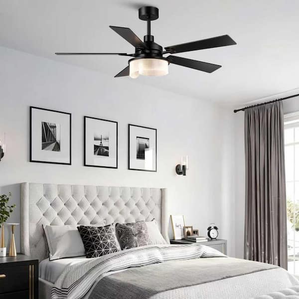 52 in. Indoor Matte Black Downrod Mount Ceiling Fan with LED Light and Remote Control