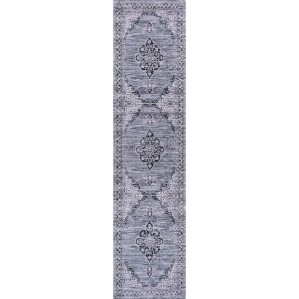 Navy/Gray/Black 2 ft. x 8 ft. Wincer Chenille Cottage Medallion Machine-Washable Runner Rug