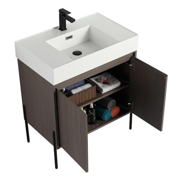 Crownpoint 30 in. Freestanding Single Gray Oak Bathroom Vanity with White Acrylic Sink Top Unassembled