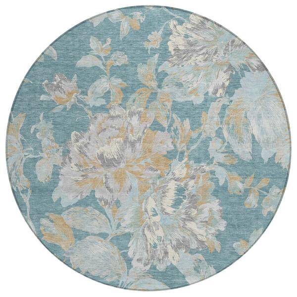 Chantille Machine Washable Indoor/Outdoor Abstract ACN3063 Teal 8 ft. x 8 ft. Round Rug