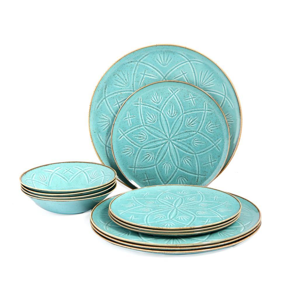 Set vaisselle service dîner 24 pièces Murrina 100% Porcelaine Motif  Centrifuge Turquoise